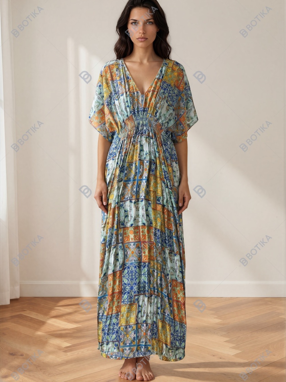 Rujuta Sheth caftan V-Neck bohemian Maxi Dress with Smocked Waist 100% viscose